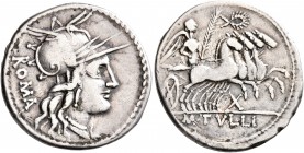 M. Tullius, 119 BC. Denarius (Silver, 21 mm, 3.88 g, 10 h), Rome. Head of Roma to right, wearing winged helmet; behind, ROMA. Rev. M•TVLLI Victory dri...