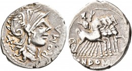 Cn. Domitius Ahenobarbus, 116-115 BC. Denarius (Silver, 20 mm, 3.82 g, 5 h), Rome. Head of Roma to right, wearing winged helmet; behind, X; in field t...