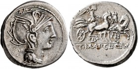 T. Manlius Mancinus, Appius Claudius Pulcher and Q. Urbinus, 111-110 BC. Denarius (Silver, 17 mm, 3.94 g, 7 h), Rome. Head of Roma to right, wearing w...