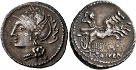Lucius Appuleius Saturninus, 104 BC. Denarius (Silver, 20 mm, 3.98 g, 7 h), Rome. Head of Roma to left, wearing winged helmet. Rev. L•SATVRN Saturn dr...