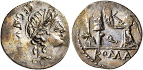 C. Egnatuleius C.f, 97 BC. Quinarius (Silver, 15 mm, 1.76 g, 5 h), Rome. C·EGNATVLEI·C·F· Laureate head of Apollo to right; below neck truncation, Q. ...