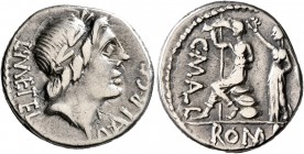 C. Malleolus, A. Albinus Sp.f., and L. Caecilius Metellus, 96 BC. Denarius (Silver, 18 mm, 3.85 g, 10 h), Rome. L•METEL – A•ALB S F Laureate head of A...