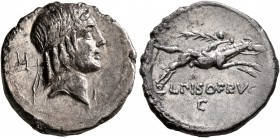 L. Calpurnius Piso Frugi, 90 BC. Denarius (Silver, 18 mm, 3.49 g, 2 h), Rome. Laureate head of Apollo to right; behind and before, control mark. Rev. ...