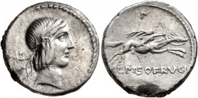 L. Calpurnius Piso Frugi, 90 BC. Denarius (Silver, 17 mm, 3.65 g, 10 h), Rome. Laureate head of Apollo to right; behind, control mark. Rev. L PISO FRV...