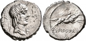 L. Calpurnius Piso Frugi, 90 BC. Denarius (Silver, 18 mm, 3.59 g, 7 h), Rome. Laureate head of Apollo to right; behind and before, control mark. Rev. ...