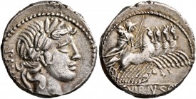 C. Vibius C.f. Pansa, 90 BC. Denarius (Silver, 18 mm, 3.94 g, 11 h), Rome. PANSA Laureate head of Apollo to right. Rev. C•VIBIVS•C•[F] Minerva driving...