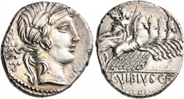 C. Vibius C.f. Pansa, 90 BC. Denarius (Silver, 18 mm, 3.81 g, 11 h), Rome. PANSA Laureate head of Apollo to right. Rev. C•VIBIVS•C•F Minerva driving f...
