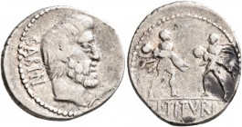 L. Titurius L.f. Sabinus, 89 BC. Denarius (Silver, 20 mm, 3.78 g, 4 h), Rome. SABIN Bare-headed and bearded head of King Titus Tatius to right; below,...