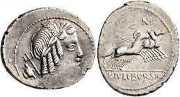 L. Julius Bursio, 85 BC. Denarius (Silver, 22 mm, 3.88 g, 9 h), Rome. Laureate, winged, and draped bust of Apollo Vejovis to right; behind, trident an...