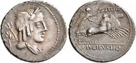 L. Julius Bursio, 85 BC. Denarius (Silver, 20 mm, 3.83 g, 12 h), Rome. Laureate, winged, and draped bust of Apollo Vejovis to right; behind, trident a...