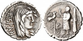 A. Postumius A.f. Sp.n. Albinus, 81 BC. Denarius (Silver, 19 mm, 3.84 g, 4 h), Rome. HISPAN Veiled head of Hispania to right. Rev. A•- POST•A[•F] - •S...