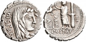 A. Postumius A.f. Sp.n. Albinus, 81 BC. Denarius (Silver, 19 mm, 3.91 g, 2 h), Rome. HISPAN Veiled head of Hispania to right. Rev. A•- POST•A•F - •S•N...