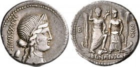 Cn. Egnatius Cn.f. Cn.n. Maxsumus, 76 BC. Denarius (Silver, 18 mm, 3.85 g, 11 h), Rome. MAXSVMVS Diademed and draped bust of Libertas to right, wearin...