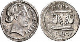 L. Scribonius Libo, 62 BC. Denarius (Silver, 19 mm, 3.57 g, 7 h), Rome. BON EVENT - LIBO Diademed head of Bonus Eventus to right. Rev. PVTEAL - SCRIBO...