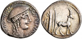 Cn. Plancius, 55 BC. Denarius (Silver, 18 mm, 3.51 g, 7 h), Rome. CN•PLANCIVS AED•CVR•S•[C] Female head to right, wearing causia. Rev. Cretan goat sta...