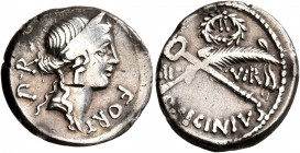 Q. Sicinius, 49 BC. Denarius (Silver, 17 mm, 3.95 g, 2 h), Rome. FORT - P•R Diademed head of Fortuna Populi Romani to right, wearing triple-pendant ea...