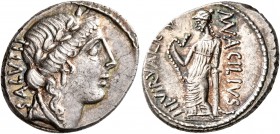 Man. Acilius Glabrio, 49 BC. Denarius (Silver, 19 mm, 3.91 g, 9 h), Rome. SALVTIS Laureate head of Salus to right. Rev. MN·ACILIVS – III•VIR•VALETV Va...
