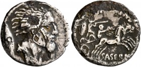 L. Hostilius Saserna, 48 BC. Denarius (Subaeratus, 18 mm, 2.73 g, 12 h), irregular mint, imitating Rome. Bearded male head with wild hair and long pla...