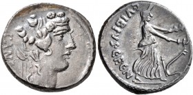 C. Vibius C.f. C.n. Pansa Caetronianus, 48 BC. Denarius (Silver, 18 mm, 3.88 g, 4 h), Rome. PANS[A] Head of Liber to right, wearing wreath of ivy and ...