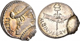 Albinus Bruti f, 48 BC. Denarius (Silver, 20 mm, 3.88 g, 4 h), Rome. PIETAS Head of Pietas to right. Rev. ALBINVS•BRVT[I•F] Two hands clasped around w...