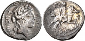 A. Licinius Nerva, 47 BC. Denarius (Silver, 19 mm, 3.36 g, 1 h), Rome. A·LICINIVS / FIDES Laureate head of Fides to right. Rev. III VIR / NERVA Horsem...