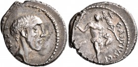 C. Antius C.f. Restio, 47 BC. Denarius (Silver, 19 mm, 3.68 g, 4 h), Rome. RESTIO Head of Antius Restio to right. Rev. C•ANTIVS•C•F Hercules advancing...
