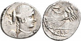 T. Carisius, 46 BC. Denarius (Silver, 17 mm, 4.21 g, 2 h), Rome. Draped bust of Victory to right; behind, S•C. Rev. T•CARISI Victory in prancing quadr...