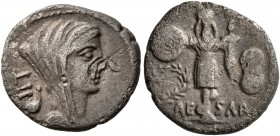 Julius Caesar, 49-44 BC. Quinarius (Silver, 14 mm, 1.82 g, 11 h), military mint moving with Caesar, 48-47. Veiled female bust to right; behind, LII an...