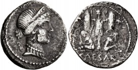 Julius Caesar, 49-44 BC. Denarius (Silver, 17 mm, 3.23 g, 3 h), military mint moving with Caesar in Spain, 46-45. Diademed head of Venus to right; beh...