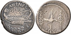 Mark Antony, 44-30 BC. Denarius (Silver, 17 mm, 3.47 g, 6 h), military mint moving with Mark Antony (Patrae?), 32-31. ANT AVG III VIR R•P•C Galley rig...