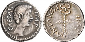 Octavian, 44-27 BC. Denarius (Silver, 17 mm, 3.88 g, 4 h), with Mark Antony, mint moving with Octavian, 39 BC. CAESAR IMP Bare head of Octavian to rig...