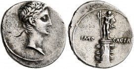 Octavian, 44-27 BC. Denarius (Silver, 18 mm, 3.16 g, 3 h), uncertain Italian mint, circa 29-27. Laureate head of Octavian as Apollo to right. Rev. IMP...