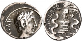Octavian, 44-27 BC. Quinarius (Silver, 14 mm, 1.86 g, 3 h), uncertain Italian mint (Brundisium or Rome?), 29-27. [IMP C]AESAR Bare head of Octavian to...