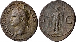 Agrippa, died AD 12. As (Copper, 30 mm, 9.96 g, 7 h), Rome, struck under Caligula, 37-41. M•AGRIPPA•L•F•COS•III Head of Agrippa to left, wearing rostr...