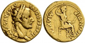 Tiberius, 14-37. Aureus (Gold, 18 mm, 7.58 g, 5 h), Lugdunum, late 20s-early 30s. TI CAESAR DIVI AVG F AVGVSTVS Laureate head of Tiberius to right. Re...