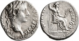 Tiberius, 14-37. Denarius (Silver, 17 mm, 3.71 g, 4 h), Lugdunum. TI CAESAR [DIVI AVG F AV]GVSTVS Laureate head of Tiberius to right. Rev. PONTIF MAXI...