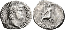 Nero, 54-68. Denarius (Silver, 17 mm, 3.29 g, 6 h), Rome, 65-66. NERO CAESAR AVGVSTVS Laureate head of Nero to right. Rev. SALVS Salus seated left on ...