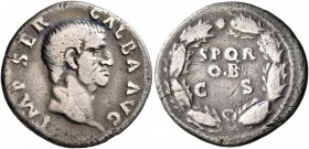 Galba, 68-69. Denarius (Silver, 19 mm, 2.70 g, 7 h), Rome. IMP SER GALBA AVG Bare head of Galba to right. Rev. S P Q R / O•B / C S within oak wreath. ...