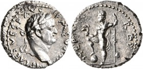 Vespasian, 69-79. Denarius (Silver, 17 mm, 3.46 g, 6 h), Antiochia, 72-73. IMP CAES VESP AVG P M COS III Laureate head of Vespasian to right. Rev. NEP...