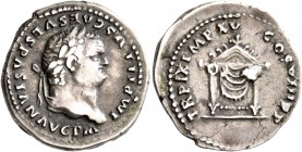 Titus, as Caesar, 69-79. Denarius (Silver, 19 mm, 3.45 g, 7 h), Rome, 80. IMP TITVS CAES VESPASIAN AVG P M Laureate head of Titus to right. Rev. TR P ...