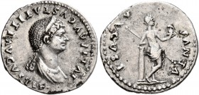 Julia Titi, Augusta, 79-90/1. Denarius (Silver, 20 mm, 3.35 g, 7 h), Rome, 80-81. IVLIA AVGVSTA TITI AVGVSTI F Diademed and draped bust of Julia Titi ...
