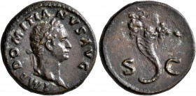 Domitian, 81-96. Semis (Orichalcum, 20 mm, 4.67 g, 7 h), Rome, 81-82. IMP DOMITIANVS AVG Laureate head of Domitian to right. Rev. S - V Cornucopiae. B...