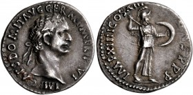 Domitian, 81-96. Denarius (Subaeratus, 19 mm, 3.23 g, 8 h), imitating Rome, after 87. IMP CAES DOMIT AVG GERM P M TR P VI Laureate head of Domitian to...