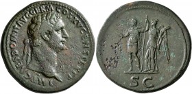 Domitian, 81-96. Sestertius (Orichalcum, 35 mm, 26.05 g, 7 h), Rome, 90-91. IMP CAES DOMIT AVG GERM COS XV CENS PER P P Laureate head of Domitian to r...