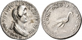 Domitia, Augusta, 82-96. Denarius (Silver, 20 mm, 2.90 g, 7 h), Rome, 88-89 (?). DOMITIA AVGVSTA IMP DOMITIANI Draped bust of Domitia to right. Rev. C...