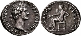 Nerva, 96-98. Denarius (Silver, 17 mm, 3.35 g, 7 h), Rome, 97. IMP NERVA CAES AVG P M TR P COS III P P Laureate head of Nerva to right. Rev. SALVS PVB...