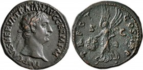 Trajan, 98-117. As (Copper, 28 mm, 12.05 g, 7 h), Rome, 100. IMP CAES NERVA TRAIAN AVG GERM P M Laureate head of Trajan to right. Rev. TR POT COS III ...