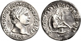 Trajan, 98-117. Denarius (Silver, 18 mm, 3.12 g, 7 h), Rome, 103-107. IMP TRAIANO AVG GER DAC P M TR P COS V P P Laureate head of Trajan to right. Rev...