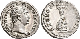 Trajan, 98-117. Denarius (Silver, 18 mm, 3.85 g, 7 h), Rome, circa 103-107. IMP TRAIANO AVG GER DAC P M TR P P COS V P P Laureate head of Trajan to ri...