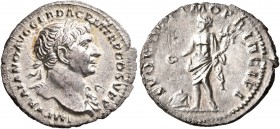 Trajan, 98-117. Denarius (Silver, 19 mm, 2.84 g, 7 h), Rome, circa 106-107. IMP TRAIANO AVG GER DAC P M TR P COS V P P Laureate head of Trajan to righ...